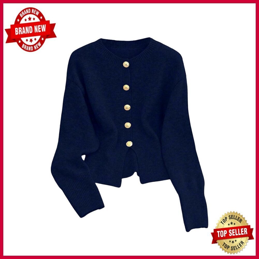 Lightweight Cropped Cardigan Sweater with Gold Buttons, Regular Fit